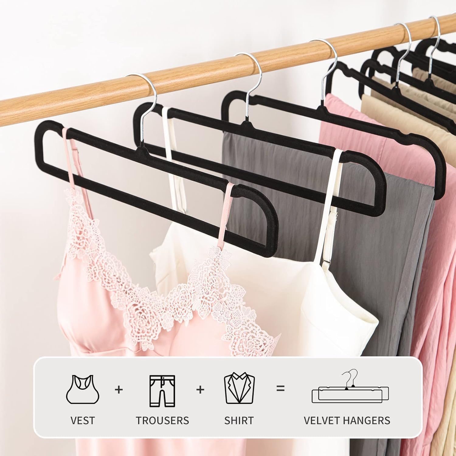 Velvet Hangers Non Slip - 20 Pack Pants Hangers for Closet - Thin Space Saving Clothes Hanger - Strong, Durable, Jean Hangers with 360 Degree Rotatable Hook, Tank Top Hangers (Black Silver Hook)