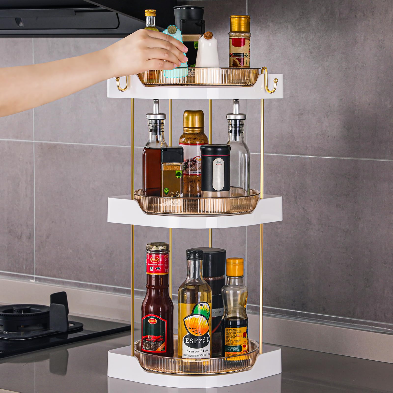 DOADW Makeup Organizer Countertop - 360° Rotating Bathroom Organizer Spinning Skincare Care Organizer - 3 Tier Lazy Susan Corner Organizer with 2 Hole Rack for Bathroom, Kitchen