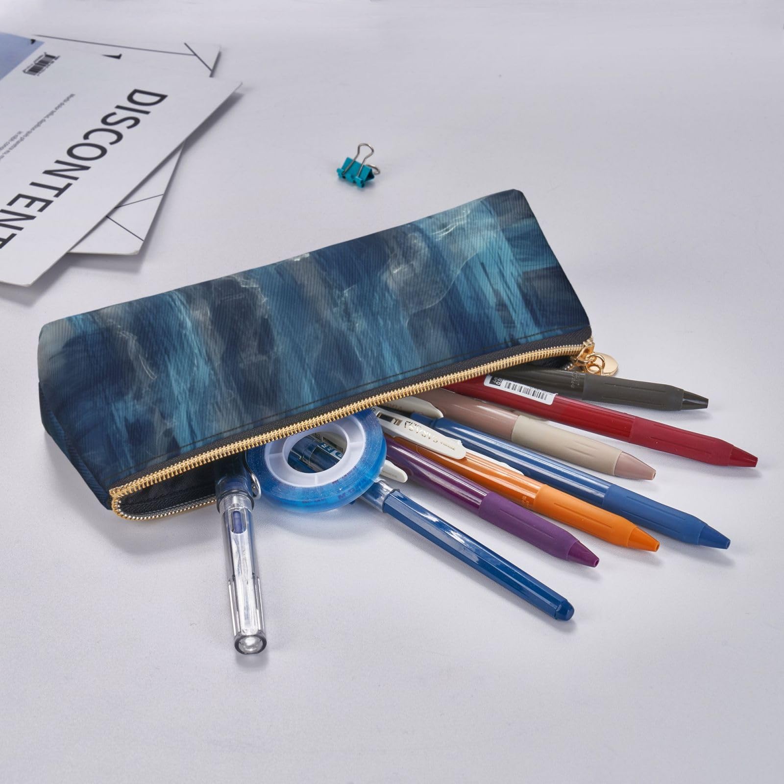 NTVOWPZO Leather Pencil Case Large Capacity Pencil Pouch Abstract Blue Pencil Bag Pouch With Zipper Pen Holder for Women