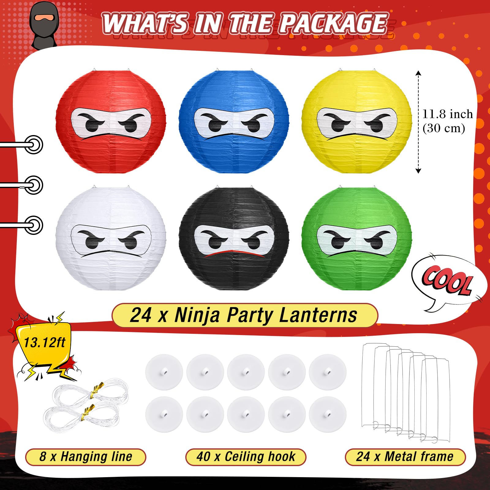 Glooglitter 6 Pcs Ninja Themed Paper Lanterns 12 Inch Ninja Birthday Party Hanging Paper Lanterns for Boys Girls Adults Ninja Birthday Party Baby Shower Decoration