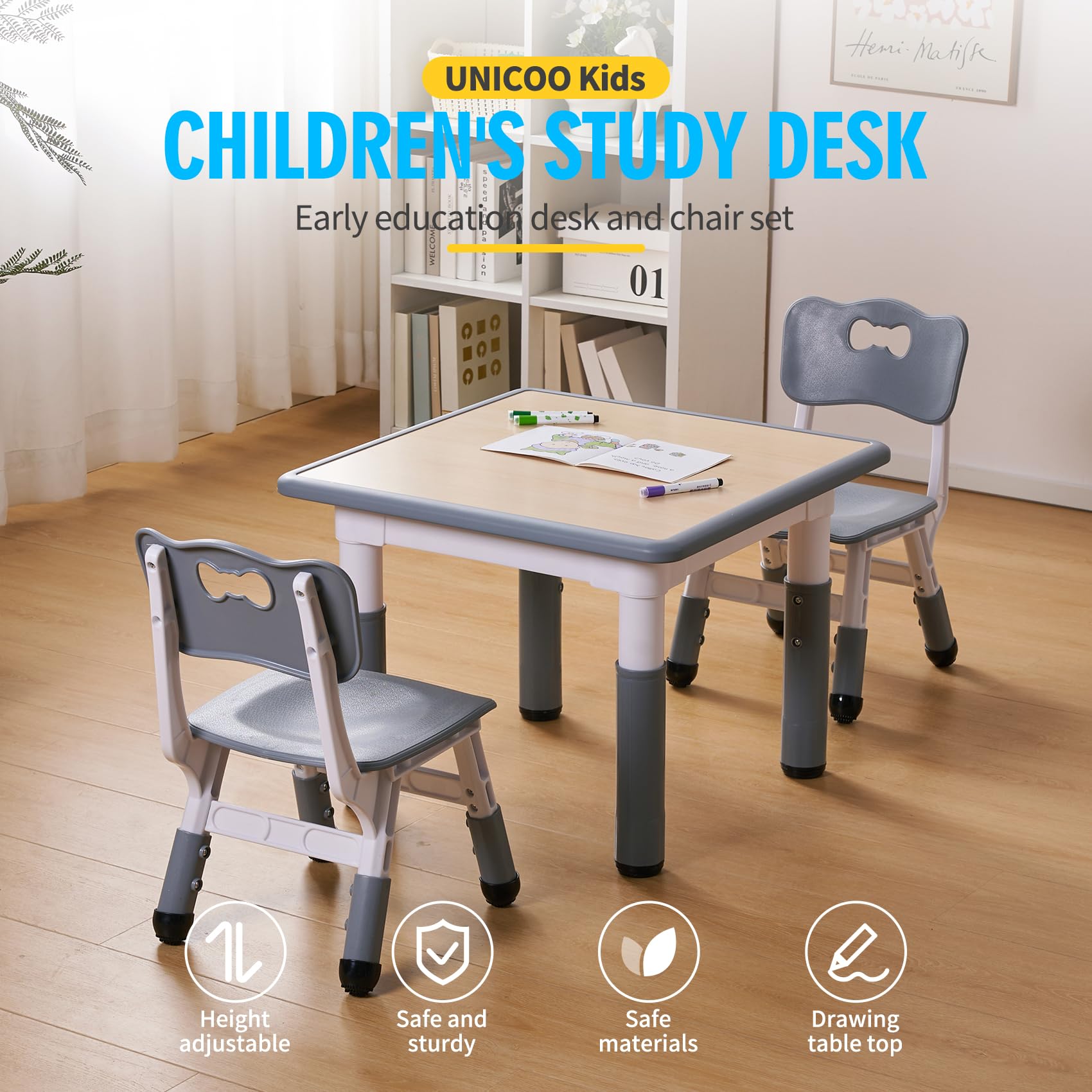 UNICOO - Kids Height Adjustable Three Piece Study Table and 2 Chairs Set, Plastic, Children Art Table with 2 Seats, Multipurpose Activity Table for Kids 2-10 Years Old (Maple Top with Grey Border)