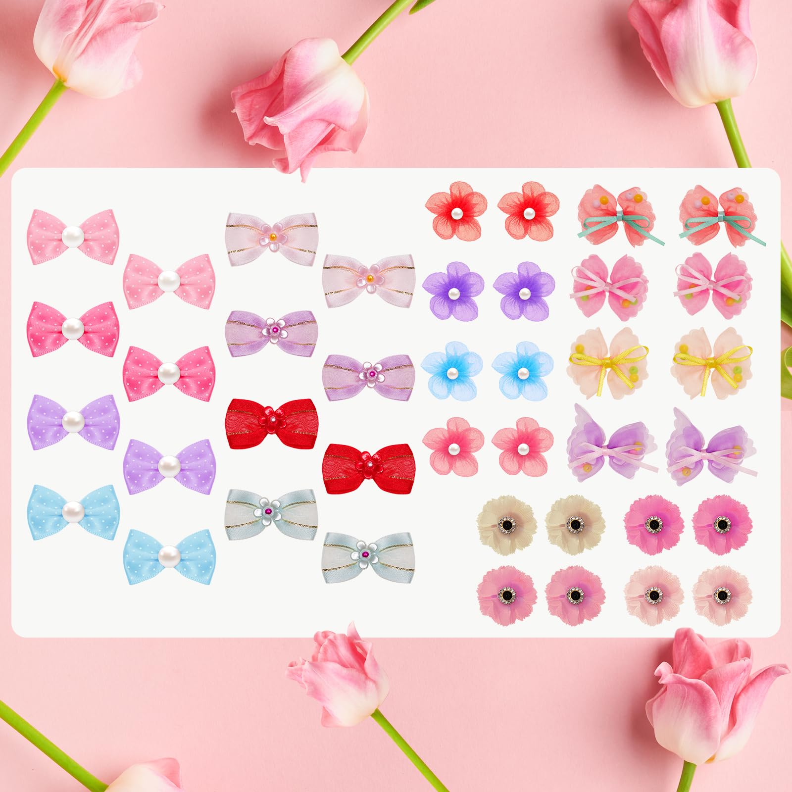 40Pieces Dog Bows Cute Small Dog Hair Bowknot Mix Style Handmade Multicolor Puppy Hair Accessories Bow Bulk with Elastic Rubber Bands Lace Rhinestone Pearls Grooming Topknot Ball Flower Accessories