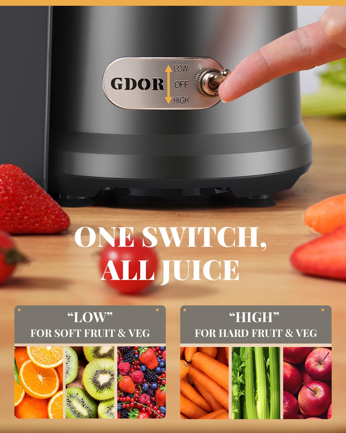 GDOR 1200W Juicer with Larger 3.2" Feed Chute, Titanium Enhanced Cutting System, Centrifugal Juice Extractor Maker with Heavy Duty Full Copper Motor, Dual Speeds, BPA-Free, Gun Grey