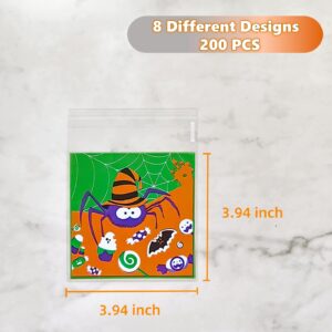 AXYEEUR 200 Pcs Halloween Candy Bags,8 Styles Halloween Self Adhesive Cookie Bags, Clear Cellophane Treat Bags for Halloween Party Favor Supplies