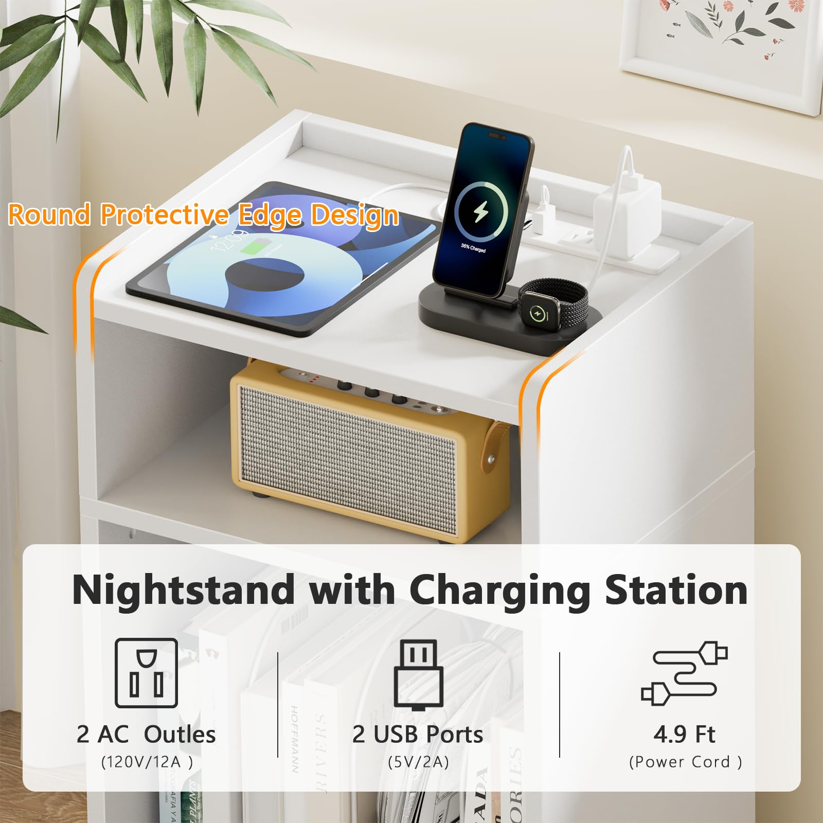 Furologee White Record Player Stand, Wood Nightstand/End Table with Charging Station and LED Lights, Modern Vinyl Record Player Turntable Table with 3 Tier Open Storage Cabinet for Bedroom