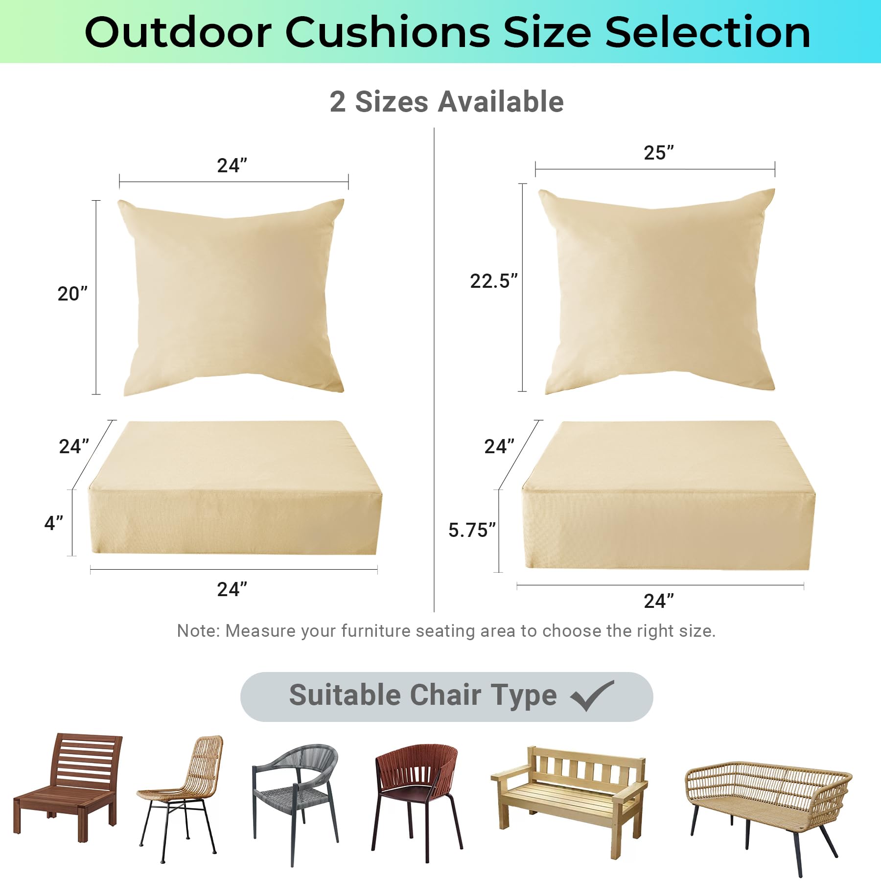 IPYNBAP Outdoor Cushions for Patio Furniture，Outdoor Seat Cushion Set 24 x 24 x 5.75 Inch，Waterproof & Fade Resistant Outdoor Chair Cushions，Deep Patio Chair Cushion with Removable Cover，Beige