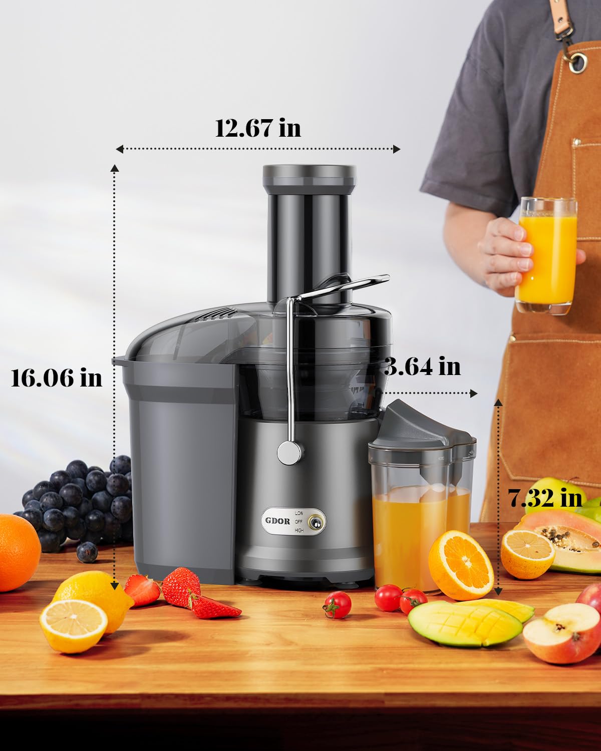 GDOR 1200W Juicer with Larger 3.2" Feed Chute, Titanium Enhanced Cutting System, Centrifugal Juice Extractor Maker with Heavy Duty Full Copper Motor, Dual Speeds, BPA-Free, Gun Grey