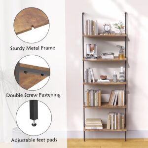 Dosker Bookshelf 5-Tier Industrial Ladder Shelf,Brown Shelves Wall Mounted Bookshelf Open Storage Rack Display Shelf Plant Stand for Living Room Kitchen Home Office Bedroom