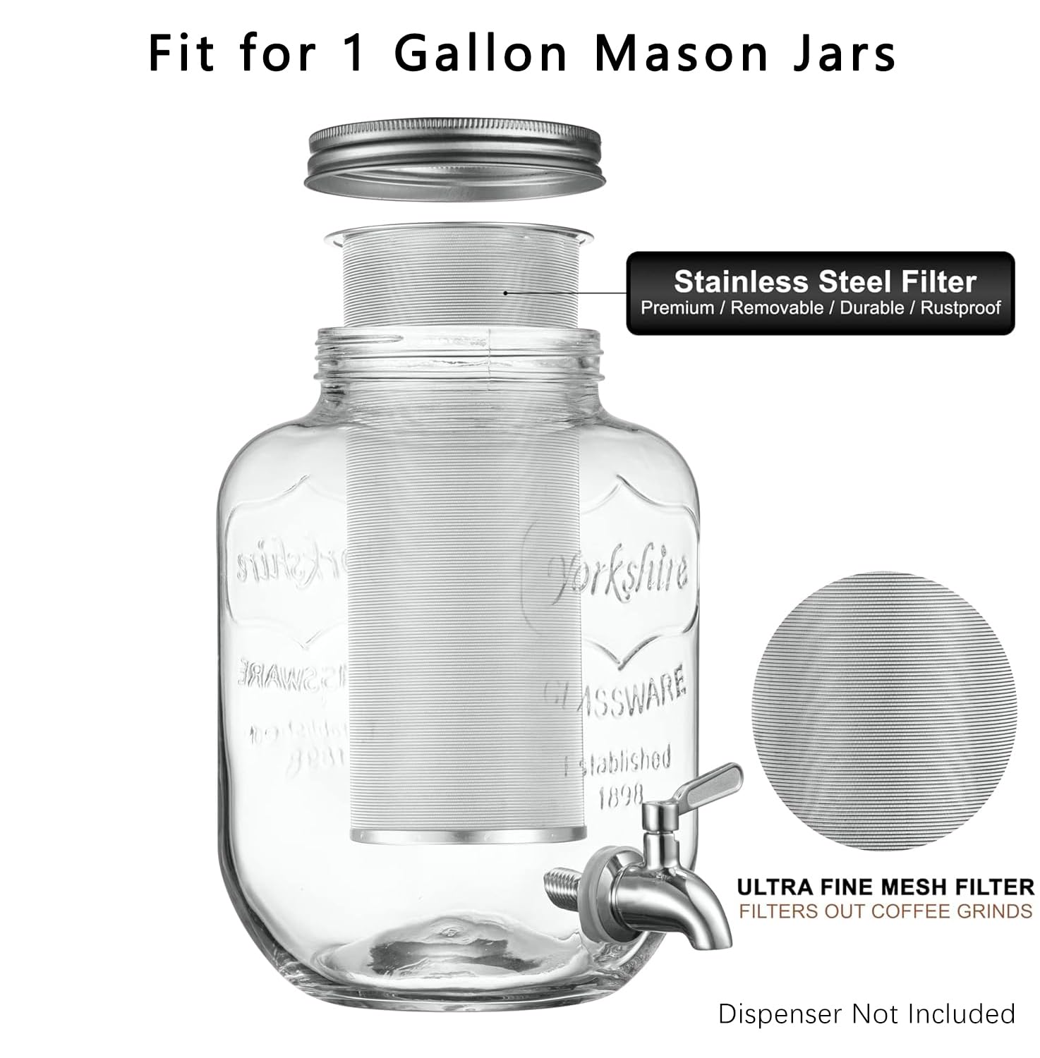 Cold Brew Coffee Filter for 1 Gallon Mason Jars, Made with Stainless Steel, Fine Mesh Filter for Large Batch Cold Brewing, 1 Gallon Mason Jar Filter Crafted to Make Iced Coffee & Tea and Sun