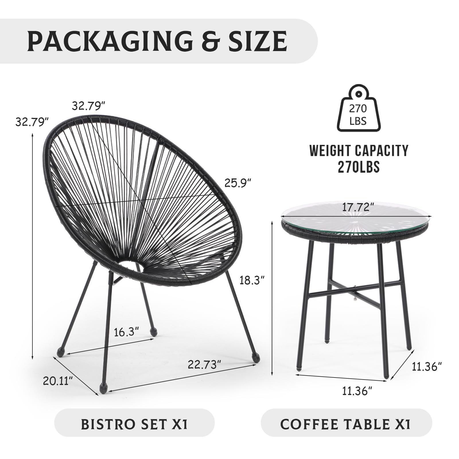 VICBARLEY 3-Piece Patio Acapulco Chairs Set, All-Weather Outdoor Wicker Bistro Set w/Pillow & Glass Top Table, Rattan Conversation Set for Porch,Garden, Balcony, Deck, Poolside, Black