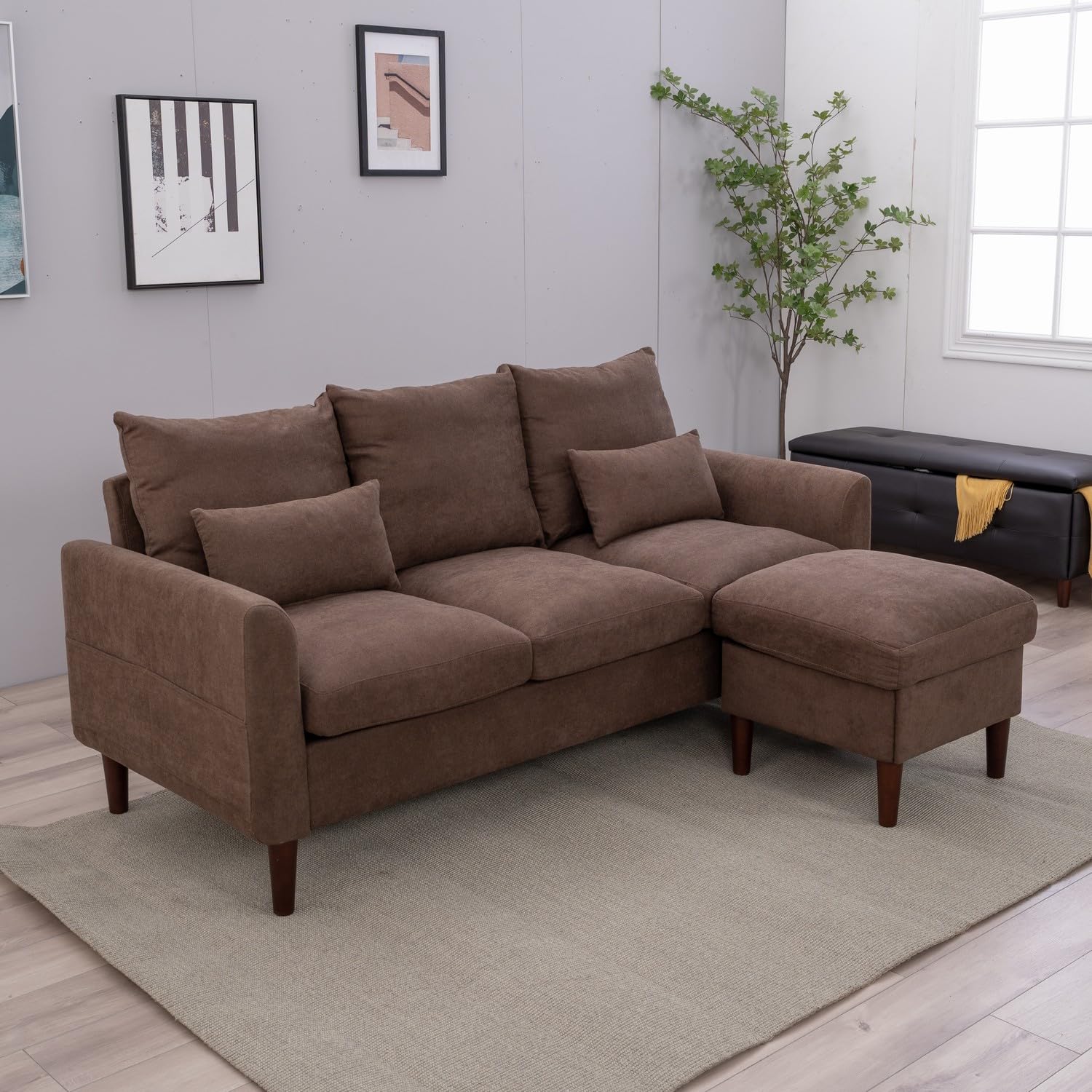 Panana Convertible Sectional Sofa Couch, 3-seat L-Shaped Couch with Ottoman, Couches with Linen Fabric, with Moveable Ottoman for Apartment/Upstairs Loft/Living Room (Brown - Curved Arm)