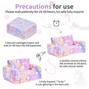 IFNOW Toddler Couch, Toddler Chair Folding, Kids Couch 2 in 1, Kids Sofa for Playroom-Extra Soft 2 Seats, Glow in The Dark Open Couch, Gifts for Kids, Sleeper for Girls Boys, Unicorn