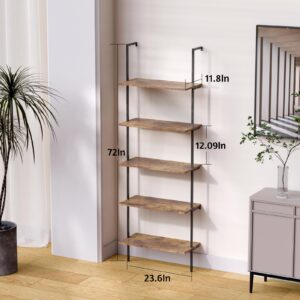 Dosker Bookshelf 5-Tier Industrial Ladder Shelf,Brown Shelves Wall Mounted Bookshelf Open Storage Rack Display Shelf Plant Stand for Living Room Kitchen Home Office Bedroom