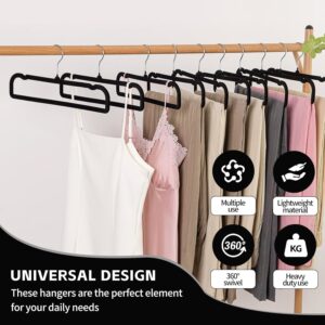 Velvet Pant Hangers, 20pcs Heavy Duty Flocked Trouser Hangers with Non-Slip Bar, 35cm(L) Adult Clothes Hanger with Swivel Hook, Slim Felt Jean Hangers for Shorts, Dress, Scraf, Bar (Black-Silver)