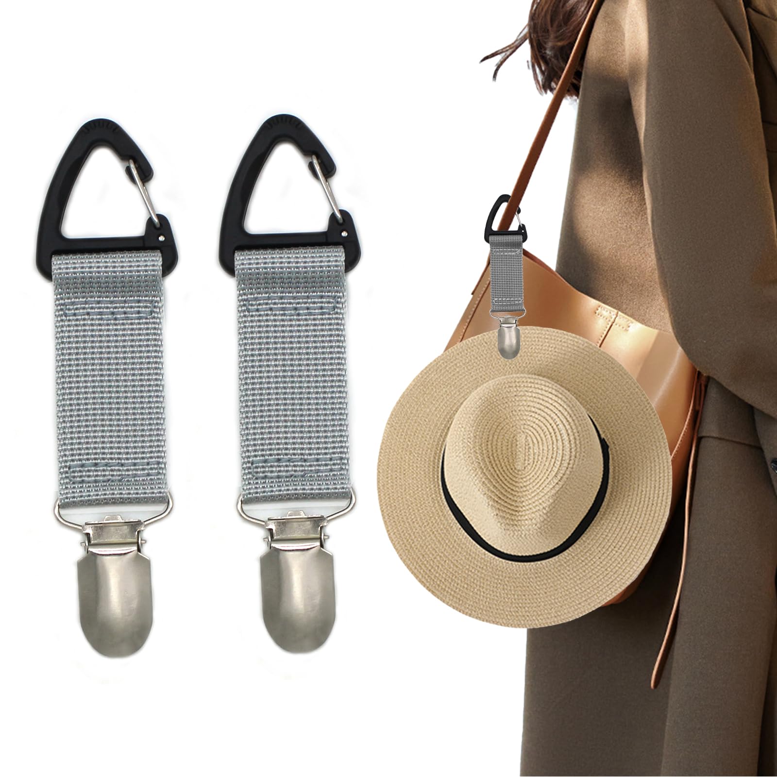 2 Pack Elastic Hat Clip for Travel,Hat Holder,Hands Free Bag Accessory for Women,Outdoor Travel Accessory,Travel Hat Clip for Sunhat,Luggage,Bag,Backpack,Purse (Light Gray)