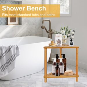 Bamboo Corner Shower Stool for Inside Shower Shaving Legs, Waterproof Bathroom Shower Bench Seat with Storage Shelf for Bathroom, Shower Foot Rest for Small Spaces, Bath Seat