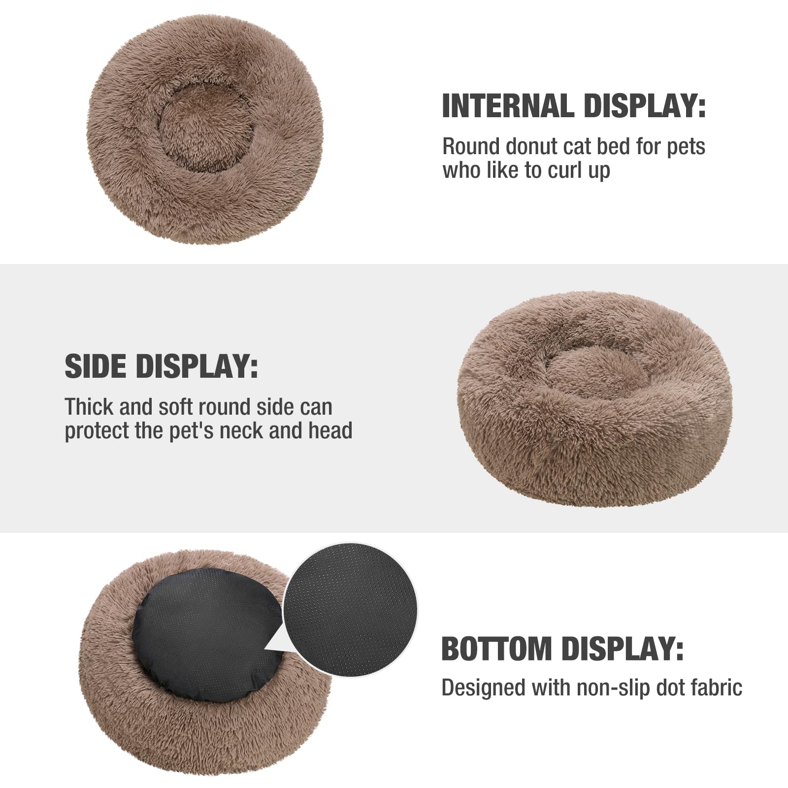 Veehoo Calming Donut Cat Bed for Small Cats Dogs-Round Small Cat Dog Bed, Anti Anxiety Fluffy Faux Plush Cuddler Washable Puppy Bed, Warming Soft Cushion Pet Bed Fits up to 15 lbs Pet, 20", Camel