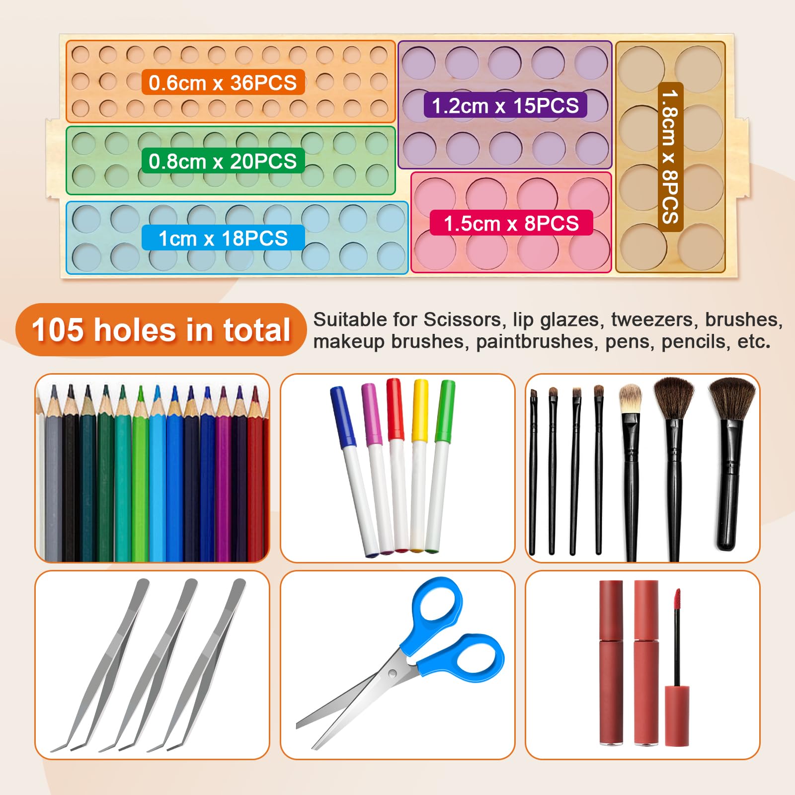 HESHUYU Wooden Paint Brush Holder 105 Holes Paintbrush Holder Organizer Paint Brush Stand Rack with Silicone Rings - Wood Paint Brush Holder for Pens Pencils Artist