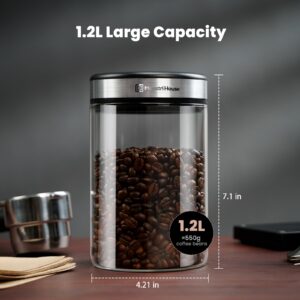 Maestri House Vacuum Coffee Canister Pro, AirTight Coffee Containers, Vacuum Glass Coffee Jar with Coffee Spoon, 40 fl OZ/1.2L Professional Coffee Storage Container for Barista, Gifts (Silver)