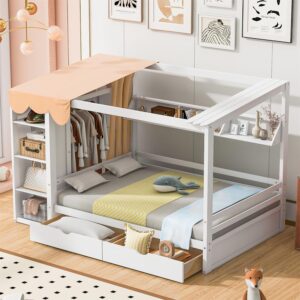 linique full size house bed with wardrobe, storage drawers and bookshelf, solid wood bed frame with tent, white