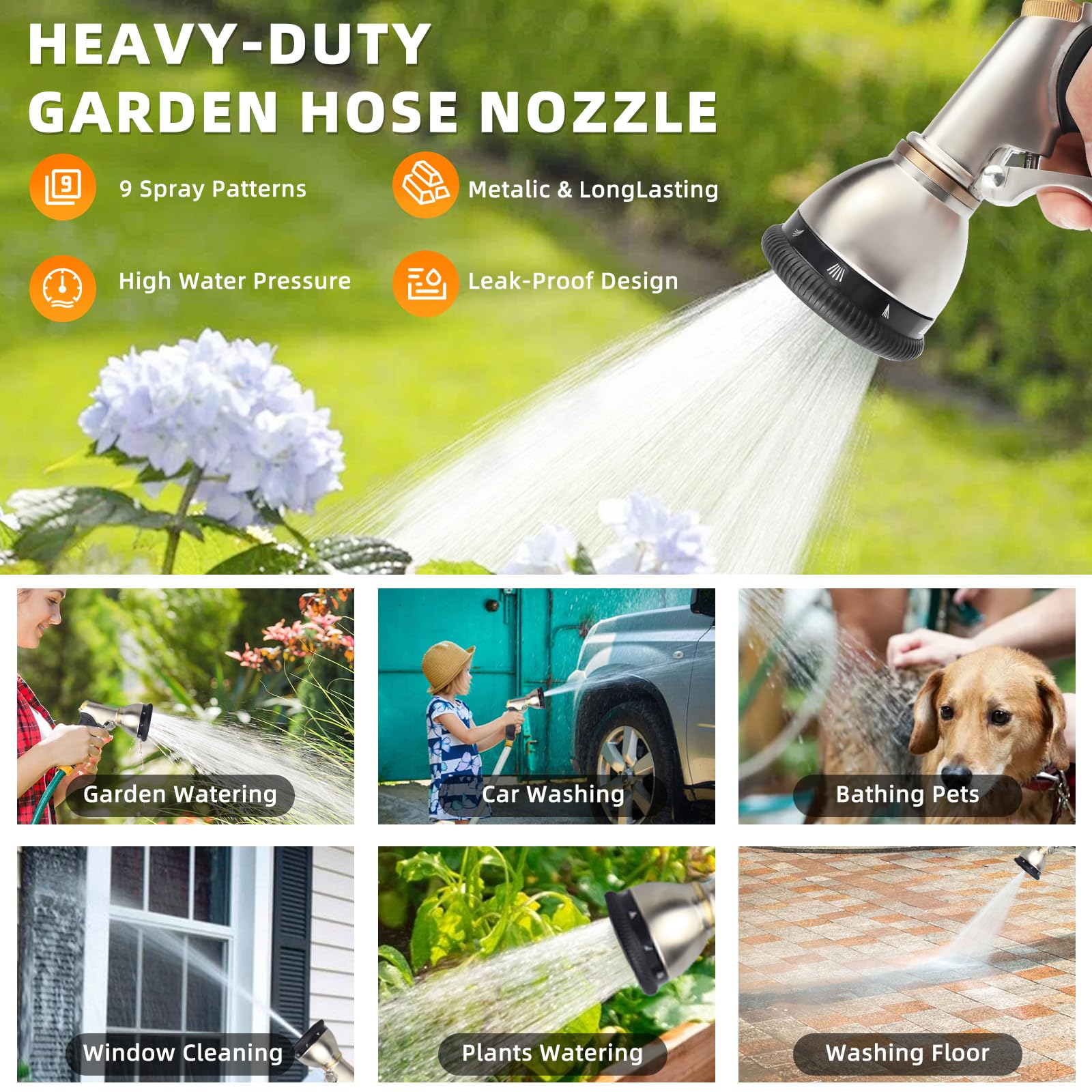 Garden Hose Nozzle, Upgrade Heavy Duty Metal High Pressure Water Hose Nozzle with 9 Spray Patterns Rotating for Outdoor Lawn & Garden Watering, Car & Pet Washing