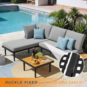 Devoko Outdoor Sectional Furniture Patio Sectional Sofa with Acacia Wood Table, Patio L-Shaped Conversation Set with All-Weather Cushion for Patio,Garden,Backyard(Gray)