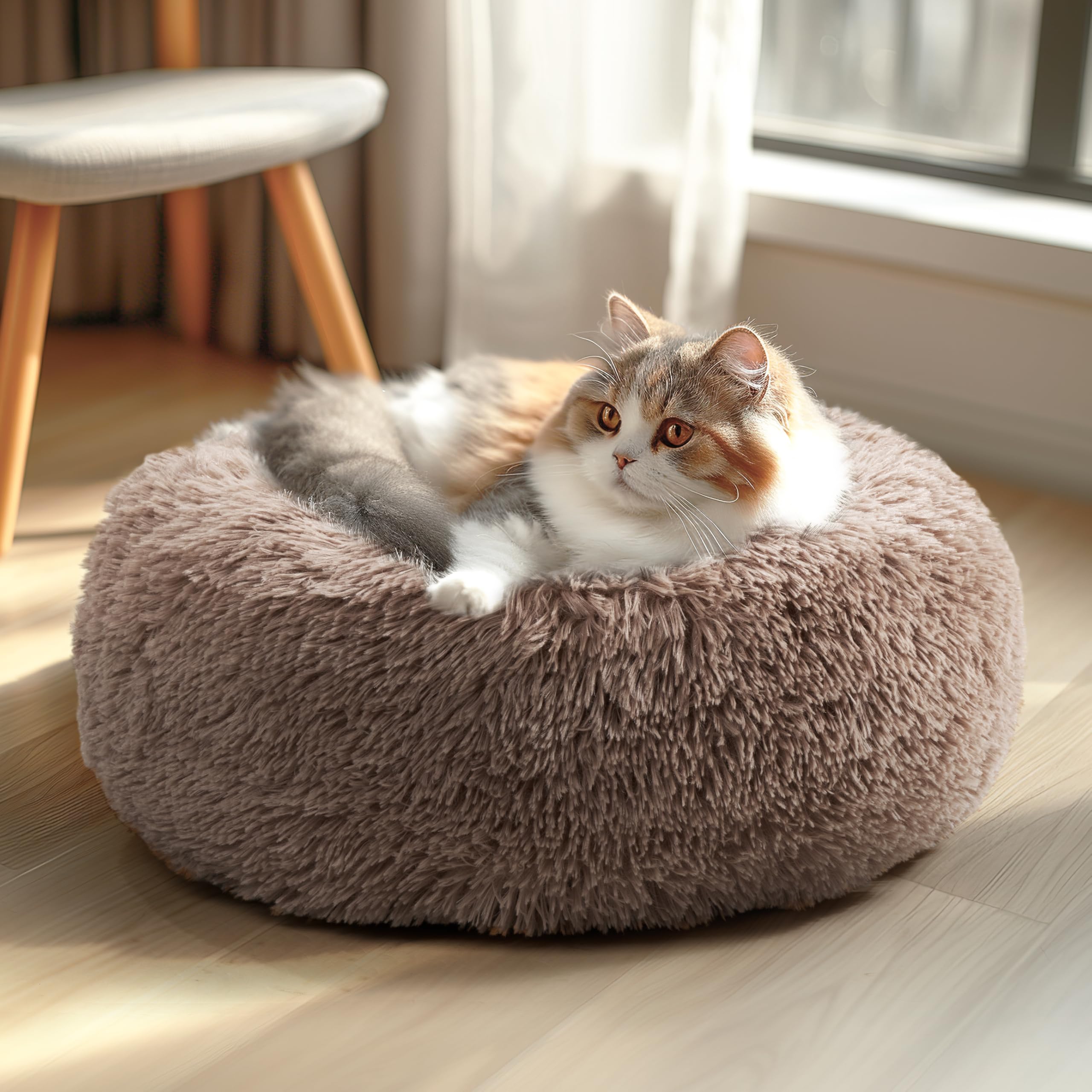 Veehoo Calming Donut Cat Bed for Small Cats Dogs-Round Small Cat Dog Bed, Anti Anxiety Fluffy Faux Plush Cuddler Washable Puppy Bed, Warming Soft Cushion Pet Bed Fits up to 15 lbs Pet, 20", Camel