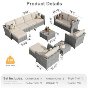 CAODOC 12 Pieces Outdoor Patio Furniture Set Sectional Sofa Sets Gray PE Rattan Patio Conversation Set w/Beige Seat Cushions and 2 Coffee Tables