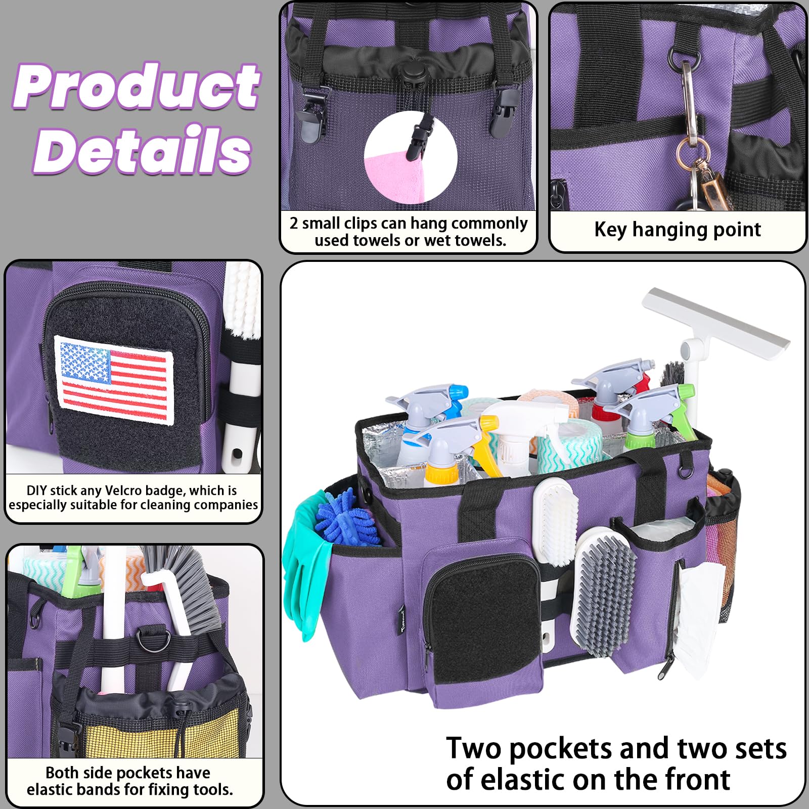 Timoxi Wearable Cleaning Caddy Bag, Cleaning Organizer with Handles, Cleaning Supply Tote with Adjustable Shoulder Strap for Cleaners & Housekeeper (Purple, 13.4'' x 7.3'' x 9.3'')