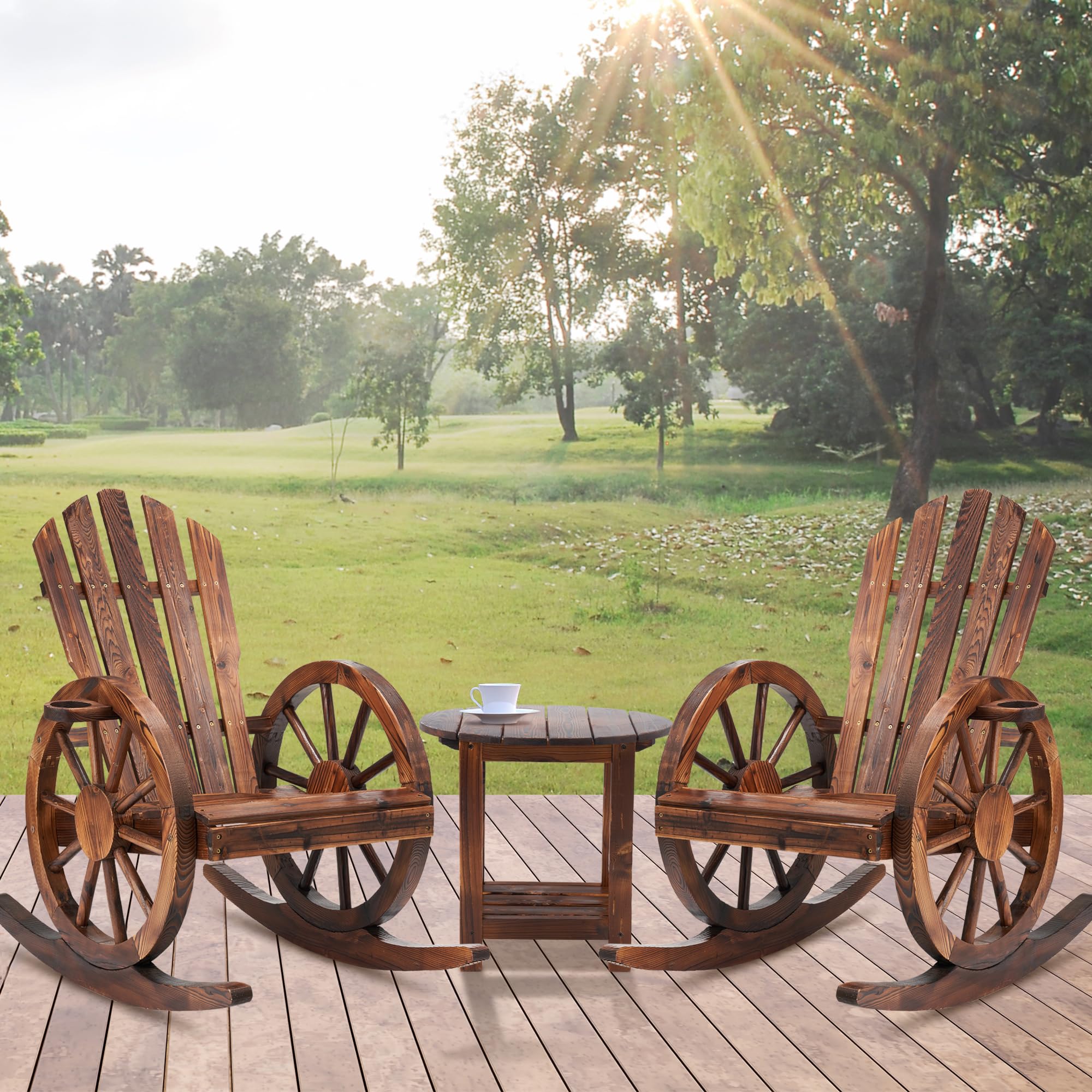 Spurgehom 3 Pieces Outdoor Wood Rocking Chair Set, 2 Patio Decor Yard Glider Rocking Chairs with 1 Side Table, Adirondack Rocking Chair for Porch Lawn Garden Balcony Poolside, Brown