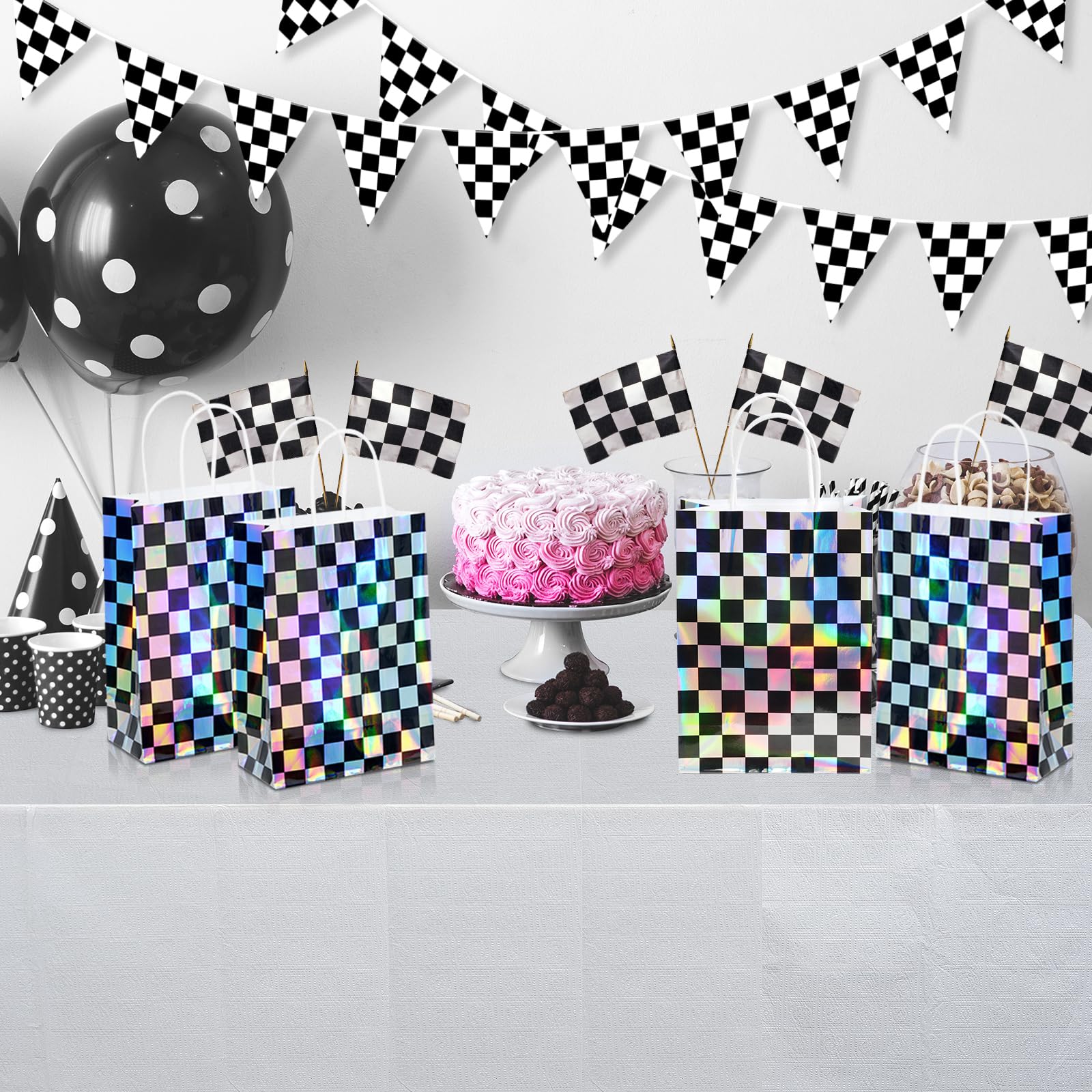 16Pcs Iridescent Checkered Race Car Party Favor Bags, Black and Iridescent Car Goodie Bags with Handles, Laser Plaid Kraft Paper Candy Gift Treat Bags for Kids Fast Race Car Birthday Party Decorations