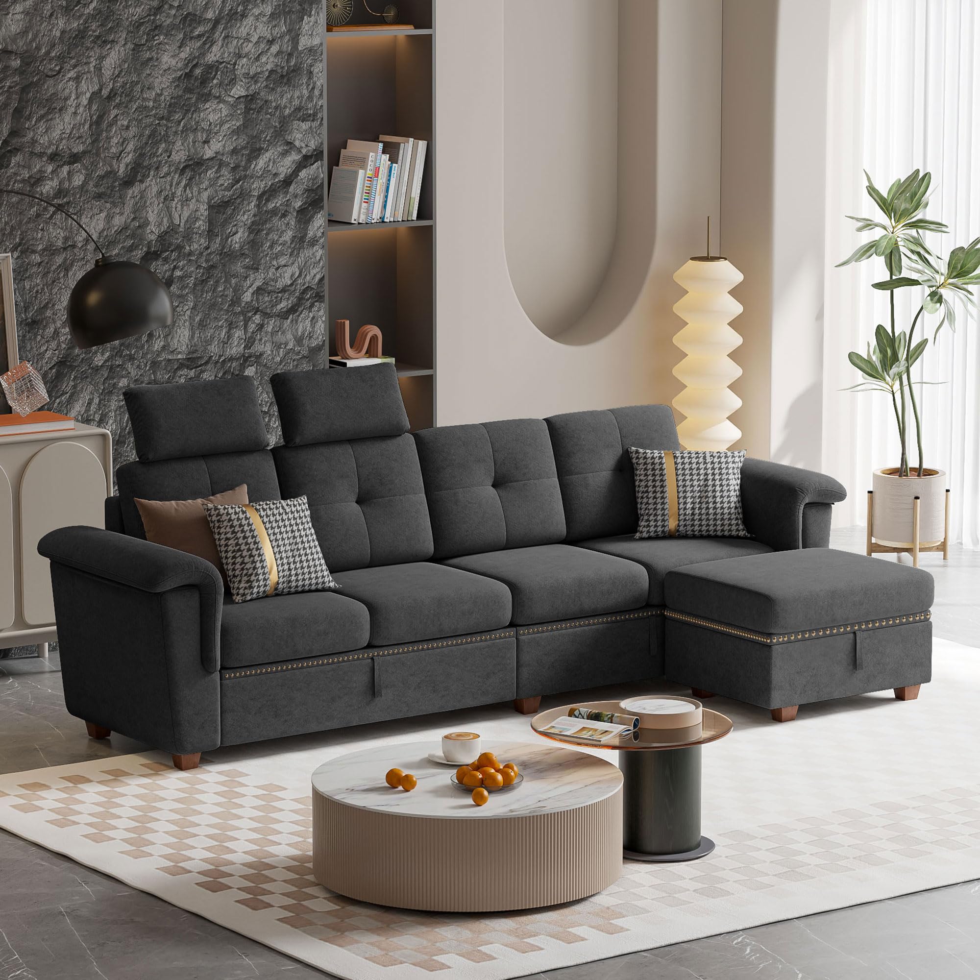 Chireca Convertible Sectional Sofa, Modern Microfibe L Shaped Couch with Storage Chaise and Cup Holder 4 Seat Sofa Couches with Extra Headrests for Living Room, Apartment, Dark Grey