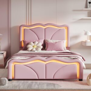 SOFTSEA Twin Size Upholstered Platform Bed, Platform Bed with LED Light Strips and Curve Shaped Adjustable Headboard, Wood Bed Frame for Bedroom, No Box Spring Needed, Pink