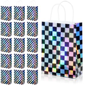 16pcs iridescent checkered race car party favor bags, black and iridescent car goodie bags with handles, laser plaid kraft paper candy gift treat bags for kids fast race car birthday party decorations