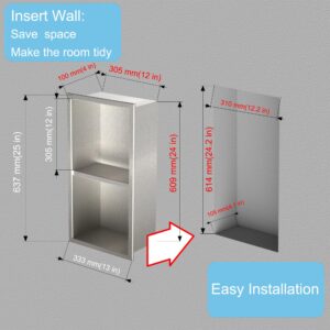 IKITRAEE Finished Shower Niche for Bathroom Storage,No Tile Needed,Recessed Wall Niche,Double Layer Storage,Made of Stainless Steel,24 in X12 in X4 in，Primary Color Brushed