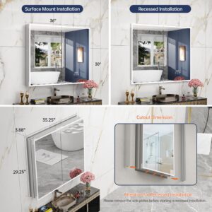 Lighted Medicine Cabinet with Mirror 36×30 Inch, Surface or Recessed Medicine Cabinet with Lights, Clock&Temp Display, Defogger, Dimming, LED Bathroom Medicine Cabinet with Built-in Outlet & USB Ports