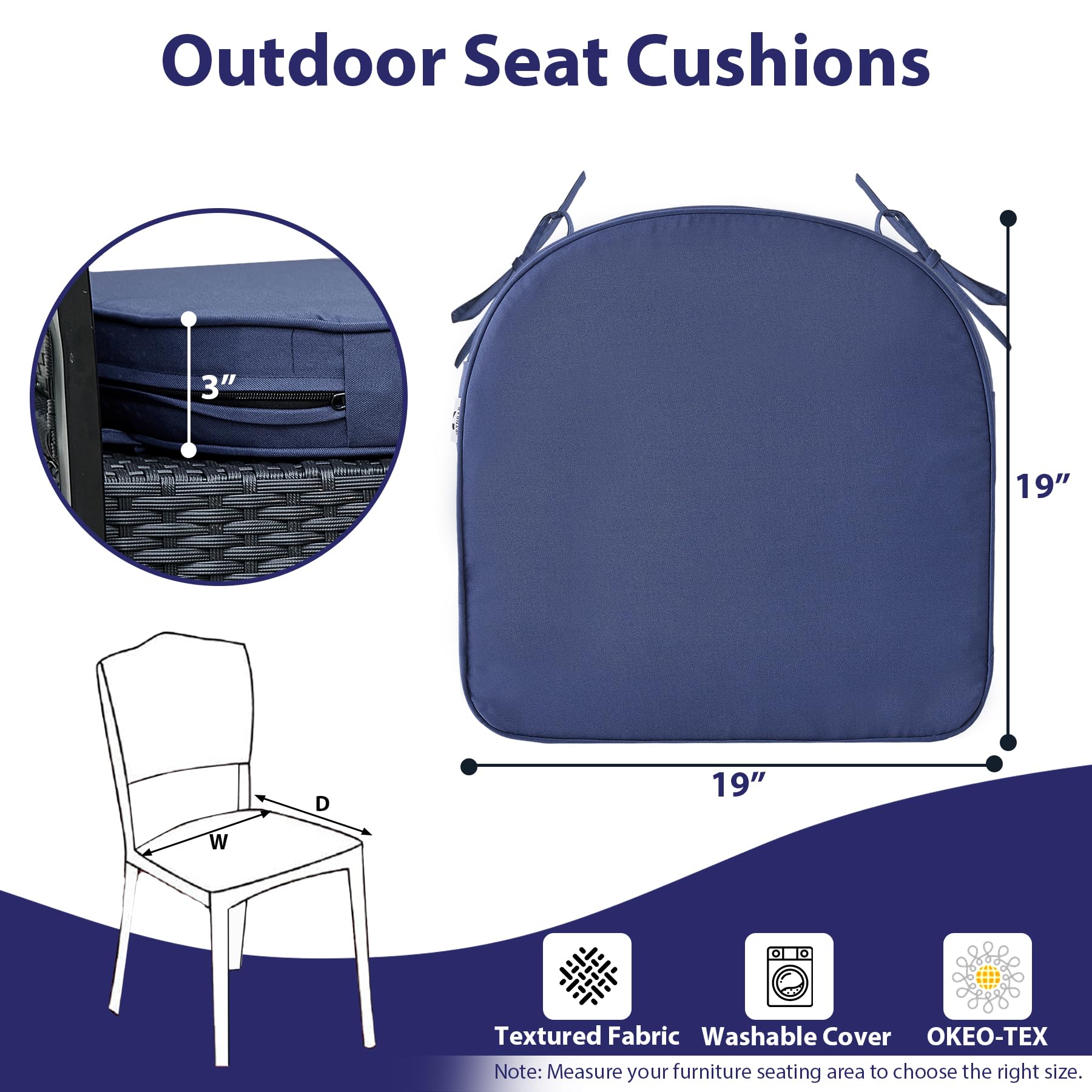 IPYNBAP Outdoor Chair Cushions Set of 4，Waterproof Outdoor Seat Cushions for Patio Furniture，Patio Chair Cushions with Ties, Round Corner Outdoor Chair Pads for Garden, 19" x 19" x 3", Navy Blue