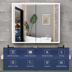 Lighted Medicine Cabinet with Mirror 36×30 Inch, Surface or Recessed Medicine Cabinet with Lights, Clock&Temp Display, Defogger, Dimming, LED Bathroom Medicine Cabinet with Built-in Outlet & USB Ports