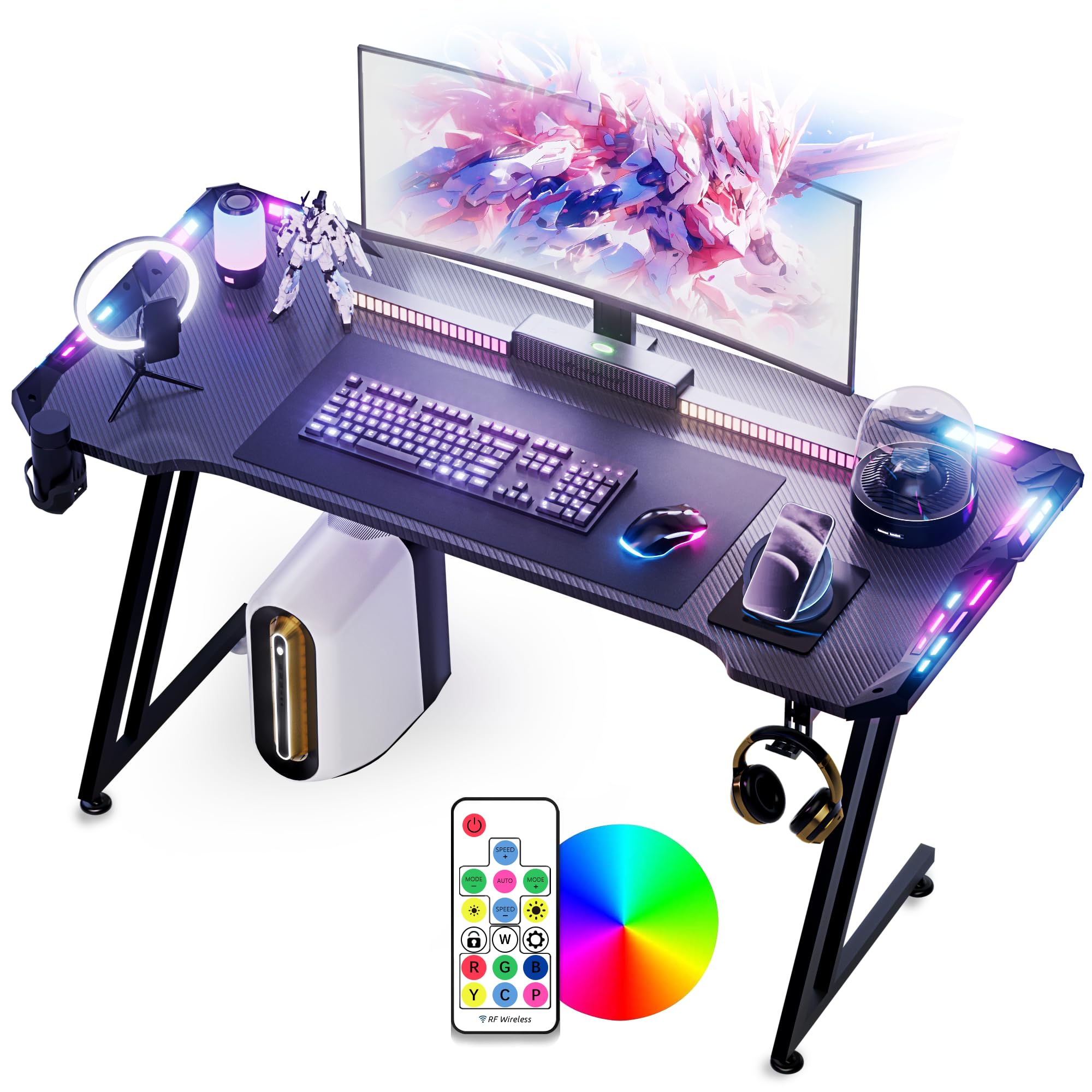 Gamtimer Gaming Desk with LED Lights,55 inch Carbon Fiber Surface RGB Gaming Computer Table, 384 Color Mode with Remote Control, Cup Holder and Headphone Hook - Black