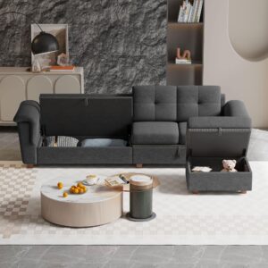 Chireca Convertible Sectional Sofa, Modern Microfibe L Shaped Couch with Storage Chaise and Cup Holder 4 Seat Sofa Couches with Extra Headrests for Living Room, Apartment, Dark Grey