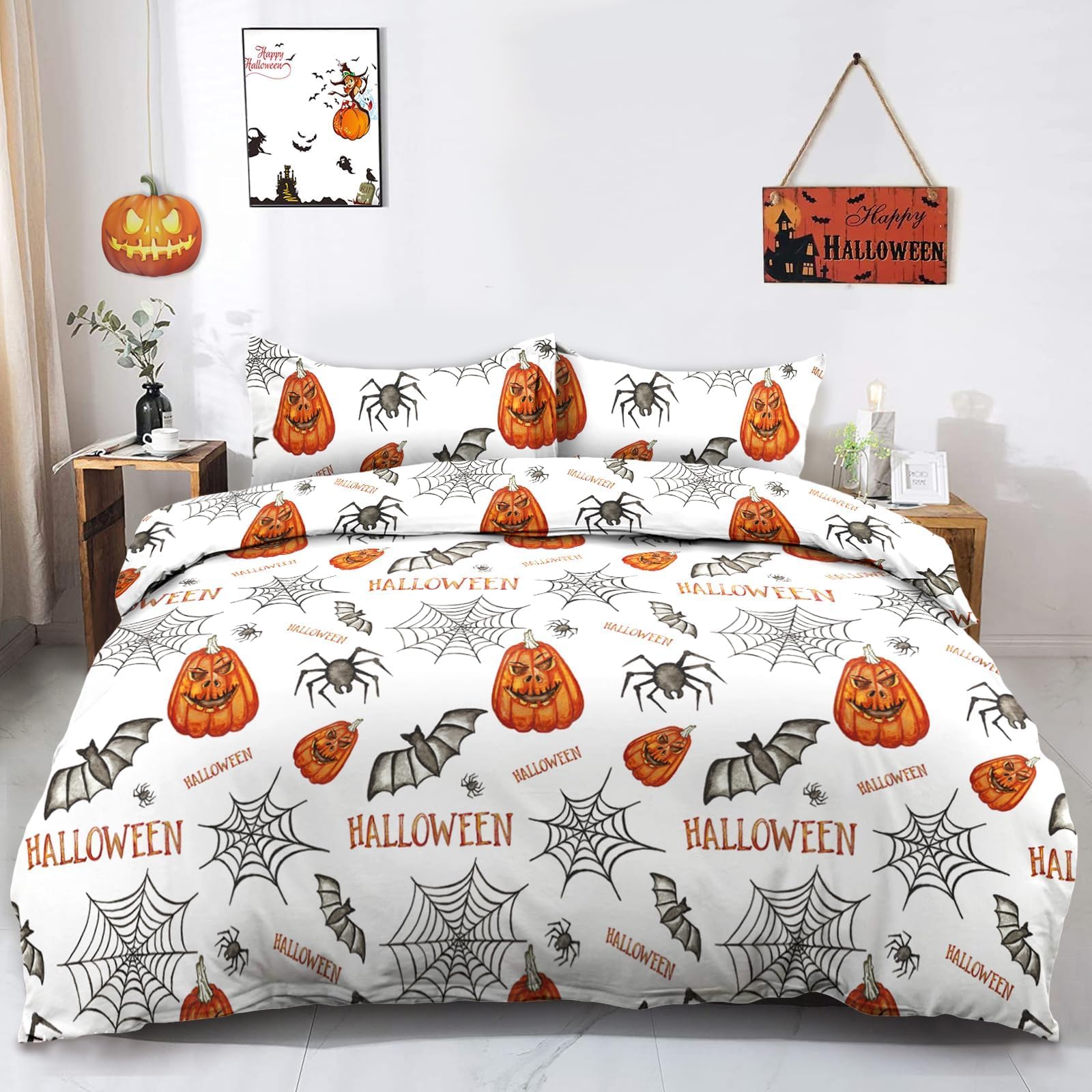 Halloween Duvet Cover Set Queen Fall Pumpkin Spider Cobweb Bat Pattern Duvet Cover, 3 Piece Halloween Themed Bedding Set with Pillowcases, Soft Microfiber Festival Room Decor for Teens Kids(90''x90'')