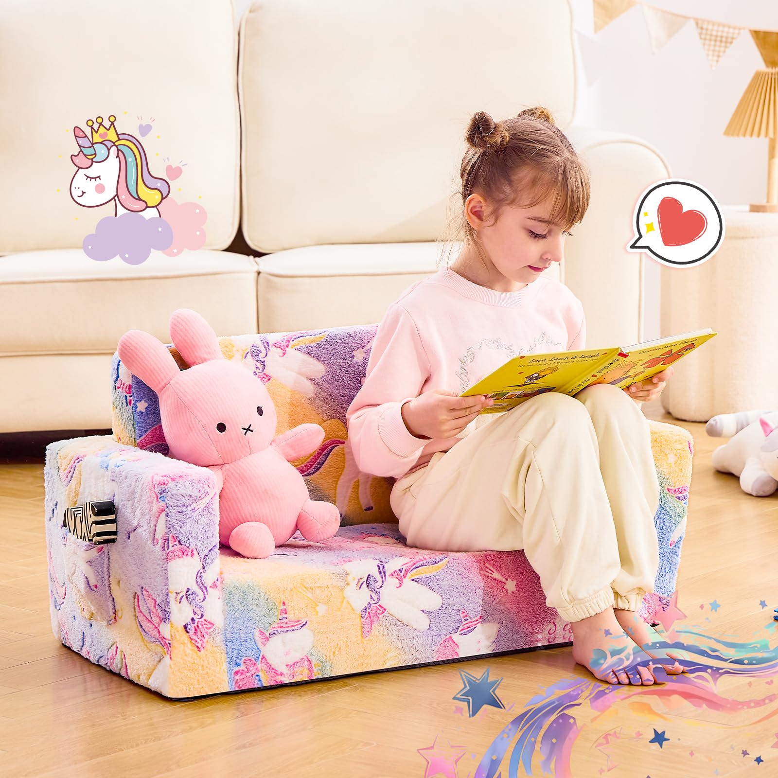 IFNOW Toddler Couch, Toddler Chair Folding, Kids Couch 2 in 1, Kids Sofa for Playroom-Extra Soft 2 Seats, Glow in The Dark Open Couch, Gifts for Kids, Sleeper for Girls Boys, Unicorn