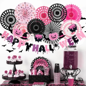 SUNBEAUTY Purple Black Happy Halloween Party Decorations Halloween Birthday Party Decorations with Happy Halloween Banner Paper Fans Spider webs Bats