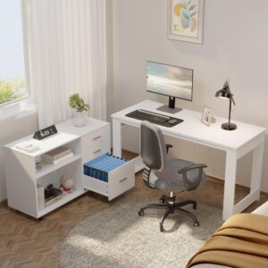 MU 55inch White L Shaped Desk, Corner Computer Desk with 3 Drawers and 2 Shelves, Writing Office Table with Storage File Cabinet, Large Executive Desk with Wheels for Home Office, Bedroom