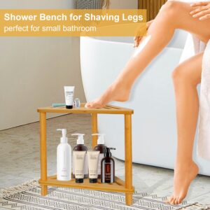 Bamboo Corner Shower Stool for Inside Shower Shaving Legs, Waterproof Bathroom Shower Bench Seat with Storage Shelf for Bathroom, Shower Foot Rest for Small Spaces, Bath Seat