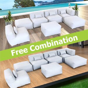 OPEAK Patio Furniture Set Bean Bag Alassio 7PC Outdoor Chairs Sectional Conversation Patio Set Daybed Furniture Outdoor Sofa Couch High Density Foam Filling Modern Comfy Patio Couch (Light Gray)