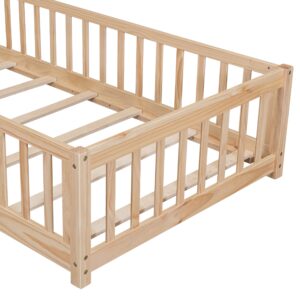 Brafab Montessori Floor Bed with Safety Guardrails and Door, Twin Size Solid Pine Wood Floor Bed Frame with Slats, Full Length Fence for Girls, Boys, Child Bedroom, Kids Playroom (Natural)