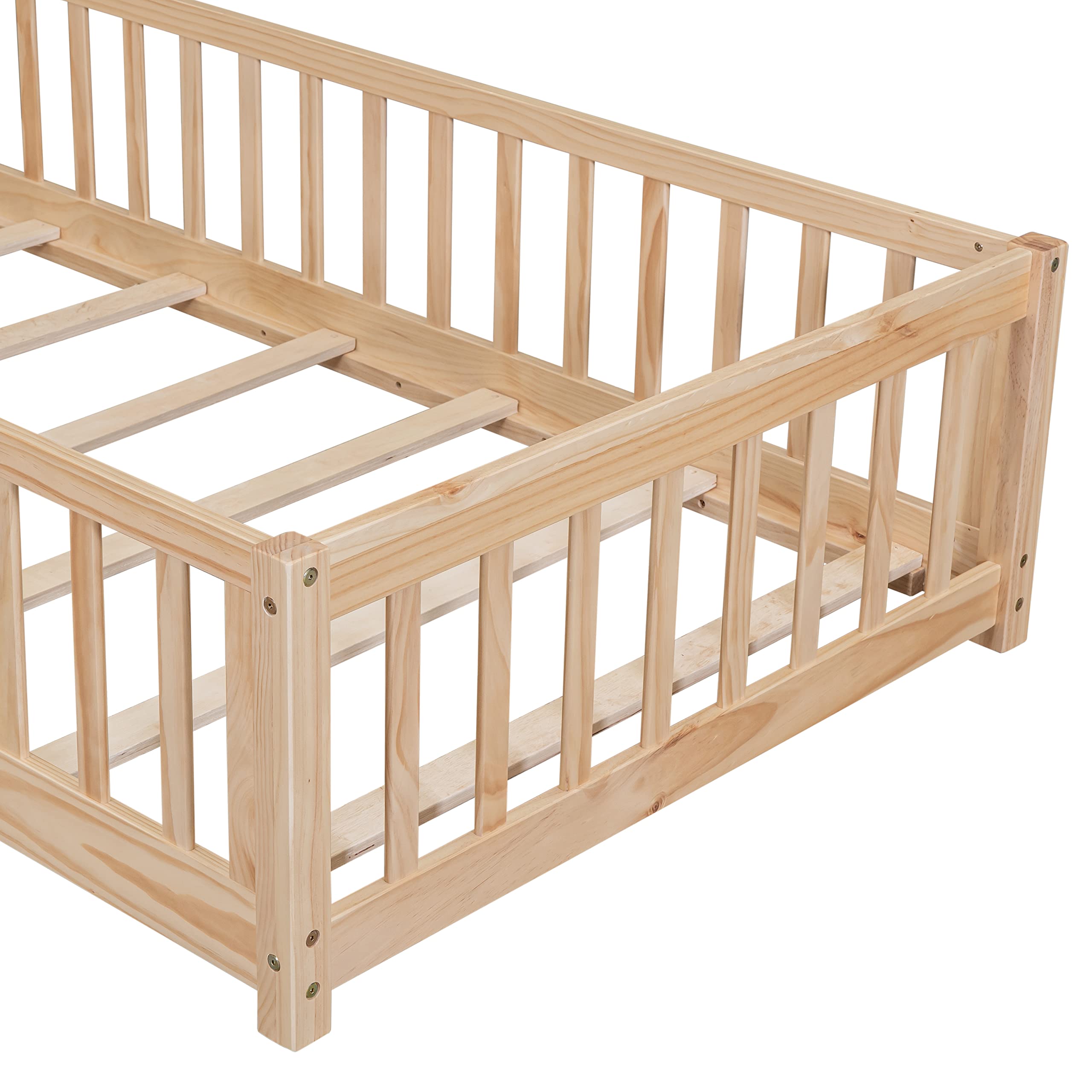 Brafab Montessori Floor Bed with Safety Guardrails and Door, Twin Size Solid Pine Wood Floor Bed Frame with Slats, Full Length Fence for Girls, Boys, Child Bedroom, Kids Playroom (Natural)