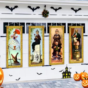 halloween decorations large 4 pcs haunted mansion stretching portraits vintage vinyl backdrop decor outdoor horror poster for indoor holiday home wall art wallpaper hanging porch sign banner party