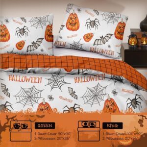 Halloween Duvet Cover Set Queen Fall Pumpkin Spider Cobweb Bat Pattern Duvet Cover, 3 Piece Halloween Themed Bedding Set with Pillowcases, Soft Microfiber Festival Room Decor for Teens Kids(90''x90'')